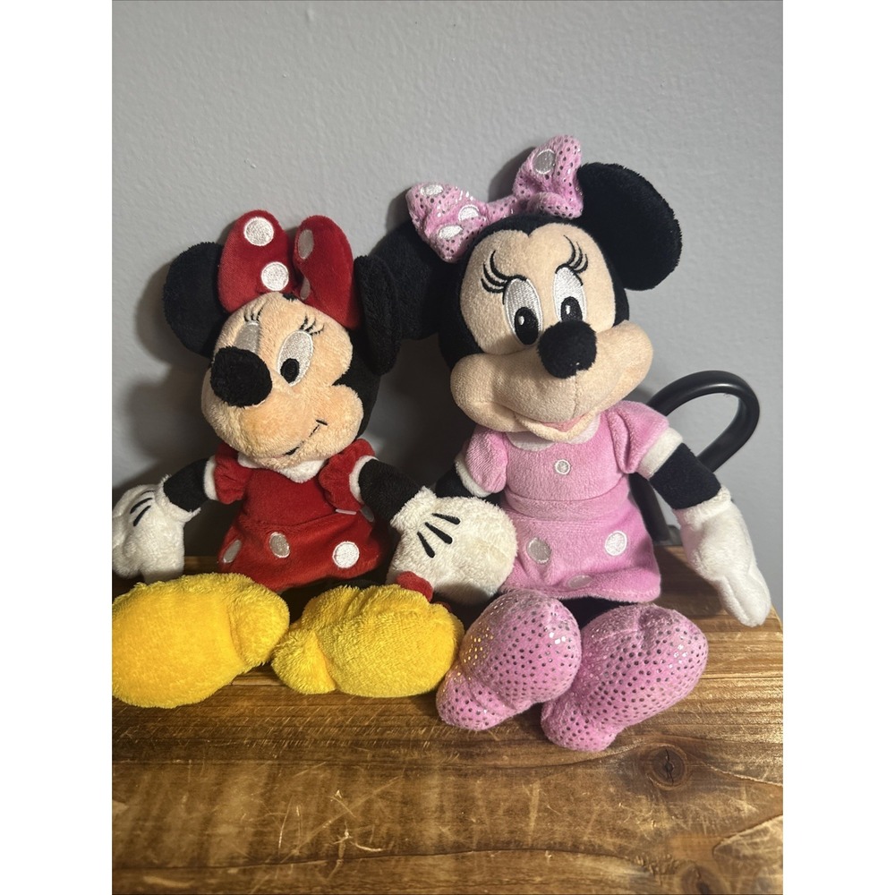 Disney Minnie Mouse Bright Pink & Red Polka Dot Dresses 9" Plush - Lot of 2